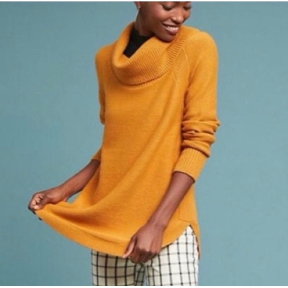 Moth Anthropologie Cowl Neck Sweater Mustard Yellow Tunic Knit Womens Medium